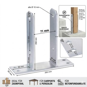U Pfostenträger 71 mm Stahl verzinkt 5 mm Bodenanker zum Aufdübeln Bild 5