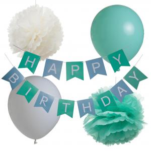 HAPPY BIRTHDAY SET : GIRLANDE, 2 x 25 CM + 4 x 30 CM POMPONS + 8 x 20 CM LUFTBALLONS - ELFENBEIN / KARIBIKBLAU Bild 2
