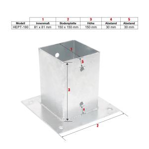 HEPT-190 PFOSTENTRÄGER AUFSCHRAUBHÜLSE ECKIG AUF PLATTE - FÜR 8 x 8 CM PFOSTEN - STAHL FEUERVERZINKT Bild 2