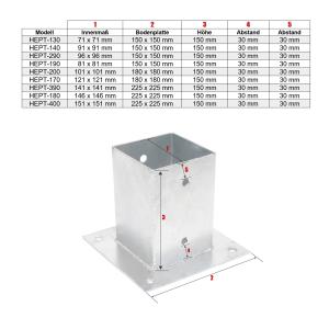 HEPT-170 PFOSTENTRÄGER AUFSCHRAUBHÜLSE ECKIG AUF PLATTE - FÜR 12 x 12 CM PFOSTEN - STAHL FEUERVERZINKT Bild 5
