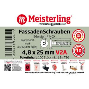 100 x MEISTERLING® FASSADENSCHRAUBEN INOX V2A 4,8 x 25 MM FLACHKOPF TORX T20 WEISS + 1 BIT Bild 3