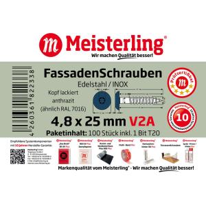 100 x MEISTERLING® FASSADENSCHRAUBEN INOX V2A 4,8 x 25 MM FLACHKOPF TORX T20 ANTHRAZIT + 1 BIT Bild 3
