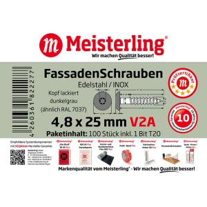 100 x MEISTERLING® FASSADENSCHRAUBEN INOX V2A 4,8 x 25 MM FLACHKOPF TORX T20 DUNKELGRAU + 1 BIT Bild 3