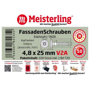 100 x MEISTERLING® FASSADENSCHRAUBEN INOX V2A 4,8 x 25 MM FLACHKOPF TORX T20 HELLGRAU + 1 BIT Bild 3