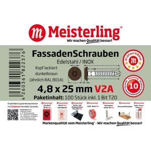 100 x MEISTERLING® FASSADENSCHRAUBEN INOX V2A 4,8 x 25 MM FLACHKOPF TORX T20 DUNKELBRAUN + 1 BIT Bild 3