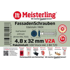 100 x MEISTERLING® FASSADENSCHRAUBEN INOX V2A 4,8 x 32 MM FLACHKOPF TORX T20 ANTHRAZIT + 1 BIT Bild 3