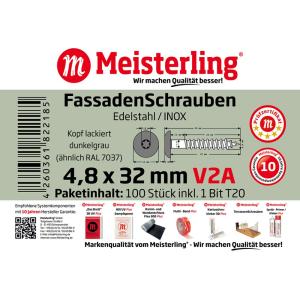 100 x MEISTERLING® FASSADENSCHRAUBEN INOX V2A 4,8 x 32 MM FLACHKOPF TORX T20 DUNKELGRAU + 1 BIT Bild 3