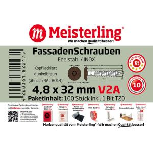 100 x MEISTERLING® FASSADENSCHRAUBEN INOX V2A 4,8 x 32 MM FLACHKOPF TORX T20 DUNKELBRAUN + 1 BIT Bild 3