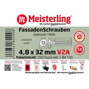 100 x MEISTERLING® FASSADENSCHRAUBEN INOX V2A 4,8 x 32 MM FLACHKOPF TORX T20 UNLACKIERT + 1 BIT Bild 3