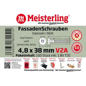 100 x MEISTERLING® FASSADENSCHRAUBEN INOX V2A 4,8 x 38 MM FLACHKOPF TORX T20 WEISS + 1 BIT Bild 3