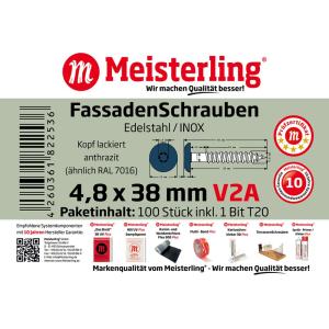 100 x MEISTERLING® FASSADENSCHRAUBEN INOX V2A 4,8 x 38 MM FLACHKOPF TORX T20 ANTHRAZIT + 1 BIT Bild 3
