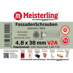 100 x MEISTERLING® FASSADENSCHRAUBEN INOX V2A 4,8 x 38 MM FLACHKOPF TORX T20 DUNKELGRAU + 1 BIT Bild 3