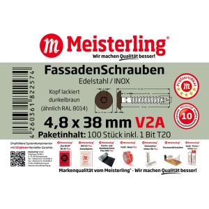 100 x MEISTERLING® FASSADENSCHRAUBEN INOX V2A 4,8 x 38 MM FLACHKOPF TORX T20 DUNKELBRAUN + 1 BIT Bild 3