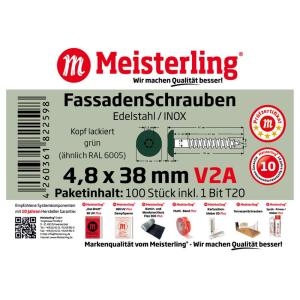 100 x MEISTERLING® FASSADENSCHRAUBEN INOX V2A 4,8 x 38 MM FLACHKOPF TORX T20 DUNKELGRÜN + 1 BIT Bild 3