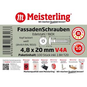 100 x MEISTERLING® FASSADENSCHRAUBEN INOX V4A 4,8 x 20 MM FLACHKOPF TORX T20 WEISS + 1 BIT Bild 3