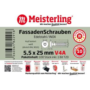 100 x MEISTERLING® FASSADENSCHRAUBEN INOX V4A 5,5 x 25 MM FLACHKOPF TORX T20 WEISS + 1 BIT Bild 3