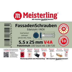 100 x MEISTERLING® FASSADENSCHRAUBEN INOX V4A 5,5 x 25 MM FLACHKOPF TORX T20 ANTHRAZIT + 1 BIT Bild 3