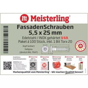 100 x MEISTERLING® FASSADENSCHRAUBEN INOX V4A 5,5 x 25 MM FLACHKOPF TORX T20 HELLGRAU  + 1 BIT Bild 3