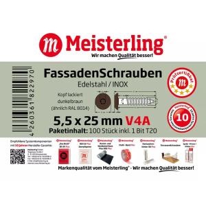 100 x MEISTERLING® FASSADENSCHRAUBEN INOX V4A 5,5 x 25 MM FLACHKOPF TORX T20 DUNKELBRAUN + 1 BIT Bild 3