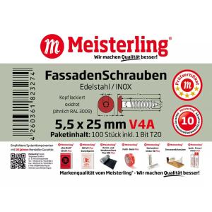 100 x MEISTERLING® FASSADENSCHRAUBEN INOX V4A 5,5 x 25 MM FLACHKOPF TORX T20 OXIDROT + 1 BIT Bild 3