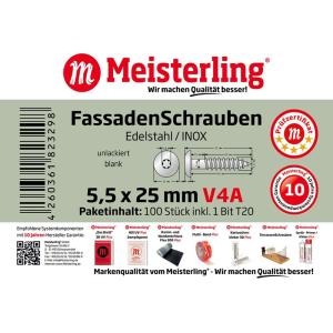 100 x MEISTERLING® FASSADENSCHRAUBEN INOX V4A 5,5 x 25 MM FLACHKOPF TORX T20 UNLACKIERT + 1 BIT Bild 3
