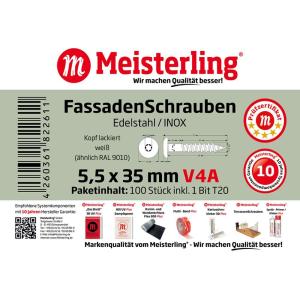 100 x MEISTERLING® FASSADENSCHRAUBEN INOX V4A 5,5 x 35 MM FLACHKOPF TORX T20 WEISS + 1 BIT Bild 3