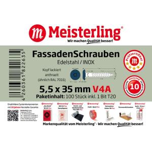 100 x MEISTERLING® FASSADENSCHRAUBEN INOX V4A 5,5 x 35 MM FLACHKOPF TORX T20 ANTHRAZIT + 1 BIT Bild 3