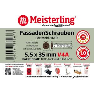 100 x MEISTERLING® FASSADENSCHRAUBEN INOX V4A 5,5 x 35 MM FLACHKOPF TORX T20 DUNKELBRAUN + 1 BIT Bild 3
