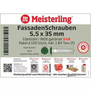 100 x MEISTERLING® FASSADENSCHRAUBEN INOX V4A 5,5 x 35 MM FLACHKOPF TORX T20 DUNKELGRÜN + 1 BIT Bild 3