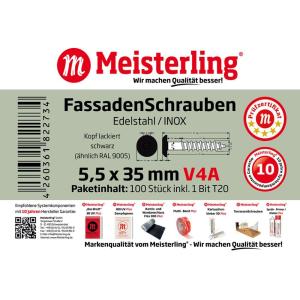 100 x MEISTERLING® FASSADENSCHRAUBEN INOX V4A 5,5 x 35 MM FLACHKOPF TORX T20 SCHWARZ + 1 BIT Bild 3