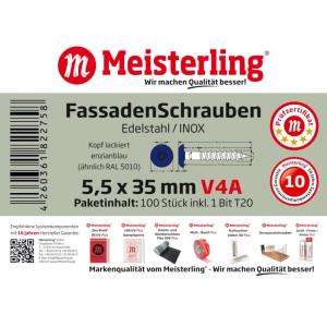 100 x MEISTERLING® FASSADENSCHRAUBEN INOX V4A 5,5 x 35 MM FLACHKOPF TORX T20 ENZIANBLAU + 1 BIT Bild 3