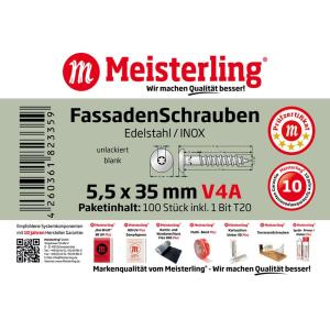 100 x MEISTERLING® FASSADENSCHRAUBEN INOX V4A 5,5 x 35 MM FLACHKOPF TORX T20 UNLACKIERT + 1 BIT Bild 3