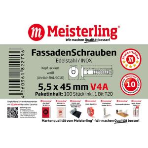 100 x MEISTERLING® FASSADENSCHRAUBEN INOX V4A 5,5 x 45 MM FLACHKOPF TORX T20 WEISS + 1 BIT Bild 3