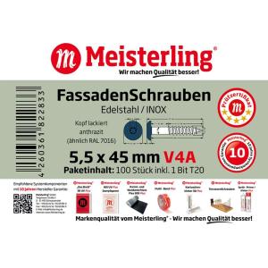 100 x MEISTERLING® FASSADENSCHRAUBEN INOX V4A 5,5 x 45 MM FLACHKOPF TORX T20 ANTHRAZIT + 1 BIT Bild 3