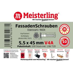 100 x MEISTERLING® FASSADENSCHRAUBEN INOX V4A 5,5 x 45 MM FLACHKOPF TORX T20 DUNKELGRAU + 1 BIT Bild 3