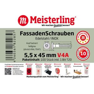 100 x MEISTERLING® FASSADENSCHRAUBEN INOX V4A 5,5 x 45 MM FLACHKOPF TORX T20 HELLGRAU  + 1 BIT Bild 3