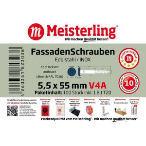 100 x MEISTERLING® FASSADENSCHRAUBEN INOX V4A 5,5 x 55 MM FLACHKOPF TORX T20 ANTHRAZIT + 1 BIT Bild 3