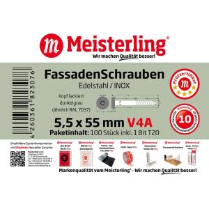 100 x MEISTERLING® FASSADENSCHRAUBEN INOX V4A 5,5 x 55 MM FLACHKOPF TORX T20 DUNKELGRAU + 1 BIT Bild 3