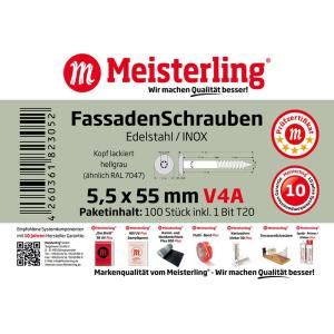 100 x MEISTERLING® FASSADENSCHRAUBEN INOX V4A 5,5 x 55 MM FLACHKOPF TORX T20 HELLGRAU  + 1 BIT Bild 3