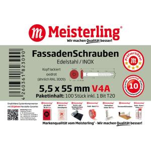 100 x MEISTERLING® FASSADENSCHRAUBEN INOX V4A 5,5 x 55 MM FLACHKOPF TORX T20 OXIDROT + 1 BIT Bild 3