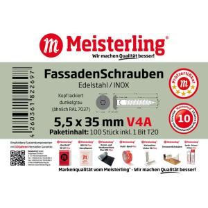 100 x MEISTERLING® FASSADENSCHRAUBEN INOX V4A 5,5 x 35 MM FLACHKOPF TORX T20 DUNKELGRAU + 1 BIT Bild 3