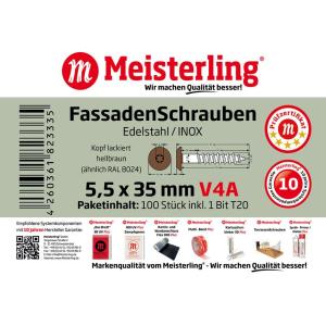 100 x MEISTERLING® FASSADENSCHRAUBEN INOX V4A 5,5 x 35 MM FLACHKOPF TORX T20 HELLBRAUN + 1 BIT Bild 3