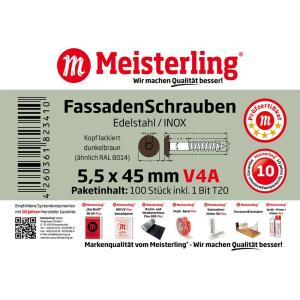 100 x MEISTERLING® FASSADENSCHRAUBEN INOX V4A 5,5 x 45 MM FLACHKOPF TORX T20 DUNKELBRAUN + 1 BIT Bild 3