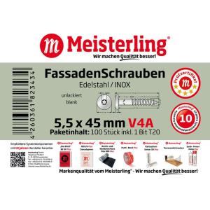 100 x MEISTERLING® FASSADENSCHRAUBEN INOX V4A 5,5 x 45 MM FLACHKOPF TORX T20 UNLACKIERT + 1 BIT Bild 3