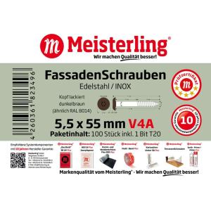100 x MEISTERLING® FASSADENSCHRAUBEN INOX V4A 5,5 x 55 MM FLACHKOPF TORX T20 DUNKELBRAUN + 1 BIT Bild 3