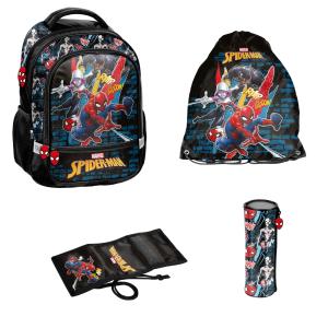 4-TEILIGES KINDERSET: RUCKSACK + TURNBEUTEL + FAULENZER + PORTEMONNAIE - SPIDER-MAN - SCHWARZ / BUNT