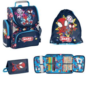4-TEILIGES KINDERSET: SCHULRANZEN + TURNBEUTEL + FEDERMAPPE + PORTEMONNAIE - SPIDEY - BLAU / BUNT