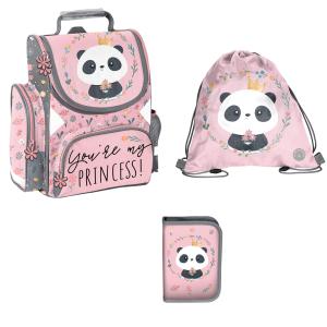 3-TEILIGES SCHULSET: SCHULRANZEN + TURNBEUTEL + UNBEFÜLLTE FEDERMAPPE - PANDA - ALTROSA / GRAU