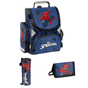 3-TEILIGES SCHULSET: SCHULRANZEN + FAULENZER FEDERMAPPE + PORTEMONNAIE - SPIDER-MAN - BLAU / SCHWARZ