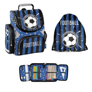 3-TEILIGES SCHULSET: SCHULRANZEN 3D PRÄGEDRUCK MOTIV + TURNBEUTEL + BEFÜLLTE FEDERMAPPE - FOOTBALL - BLAU